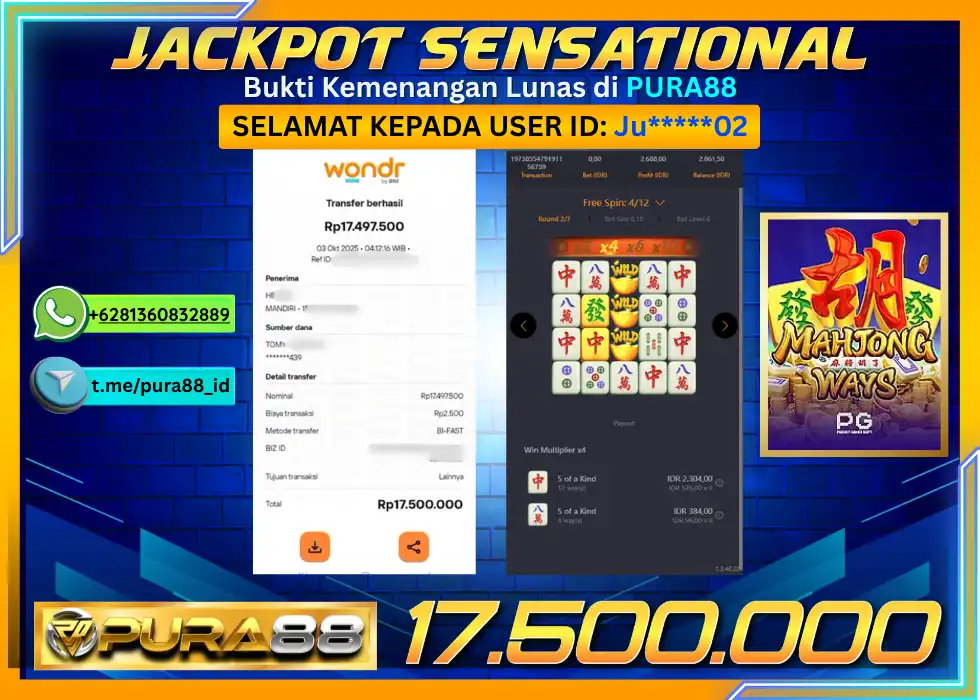 PURA88 JACKPOT SENSATIONAL MAHJONG WAYS 1 Rp 17.500.000,- LUNAS