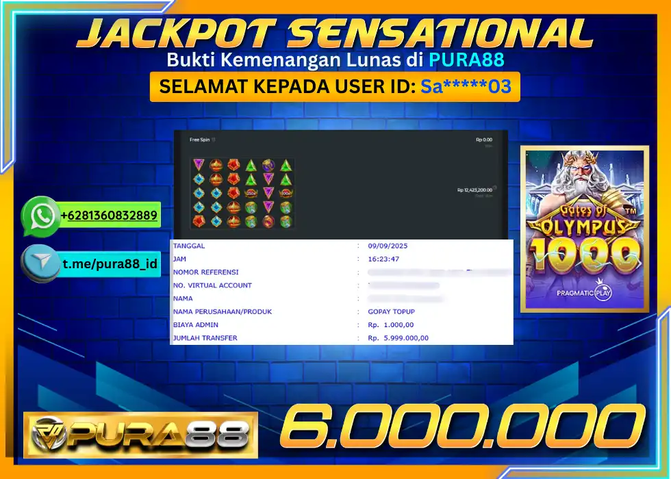 PURA88 JACKPOT SENSATIONAL GATES OF OLYMPUS 1000 Rp 6.000.000,- LUNAS